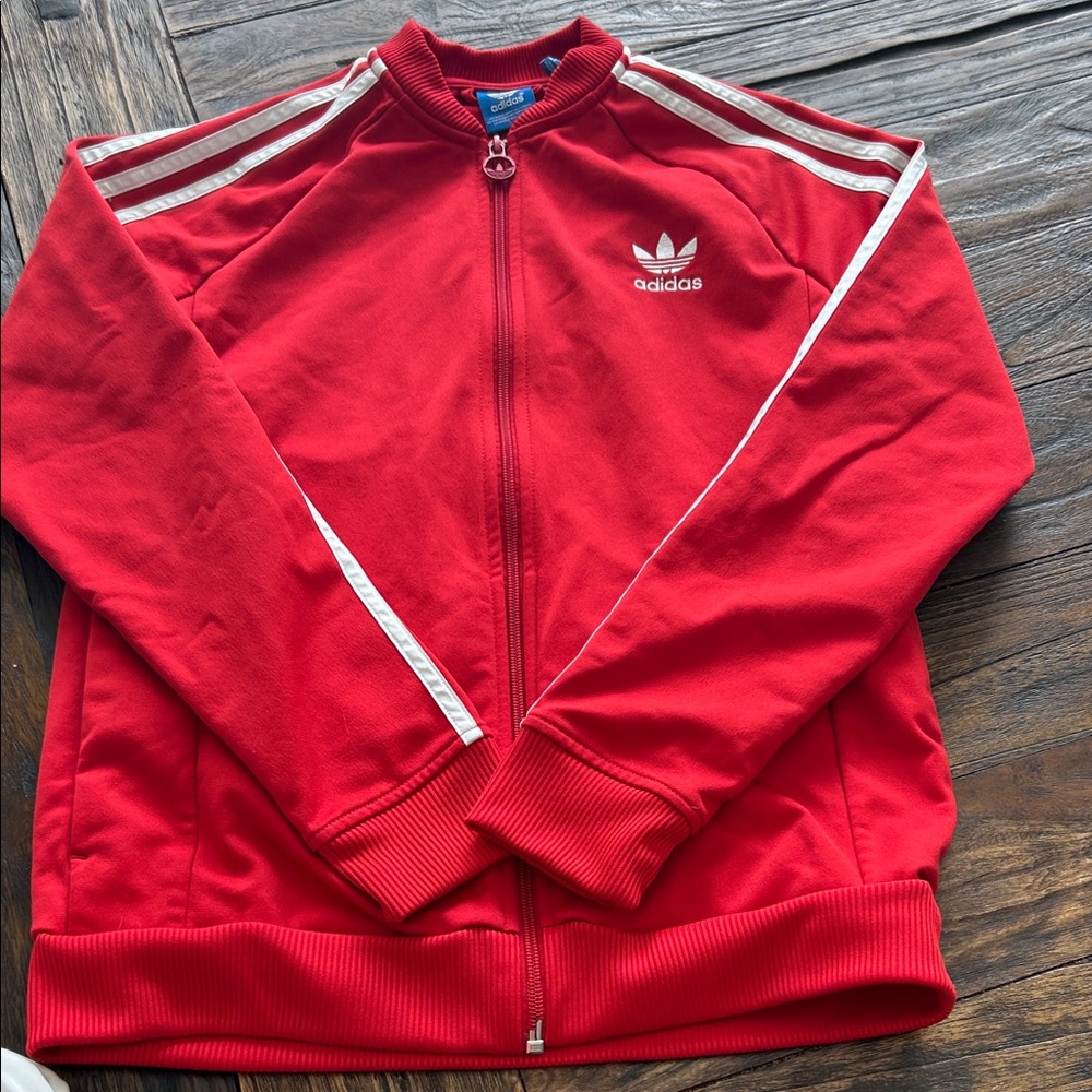 adidas Red Zip-Up Trefoil Track Jacket with White Stripes